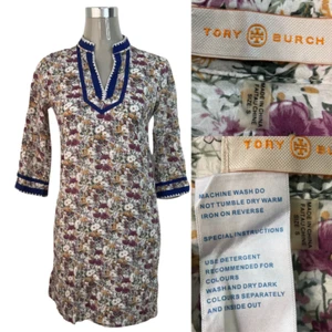 Tory Burch Floral Print Tunic Mini Dress Womens Cotton Embroidered Sleeves Sz S - Picture 1 of 11