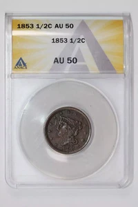 1853 BRAIDED HAIR HALF CENT ANACS AU50 - Picture 1 of 2
