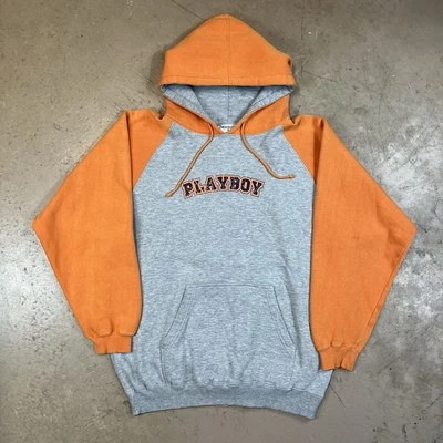Vintage 90s Playboy Sweatshirt Hoodie Mens Large Orange/Gray Colorblock USA MADE - Image 1 of 4
