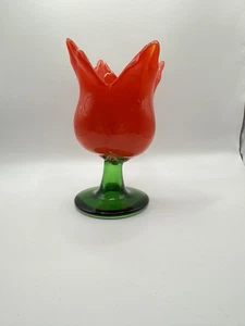 Vintage Handblown Red and Green Glass Tulip Vase Candleholder Art Glass - Picture 1 of 7