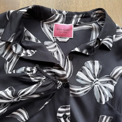 Kate Spade Bow Tiful Silk Blend Twill Dress Black White Small Holiday Ribbon - Image 1 of 4