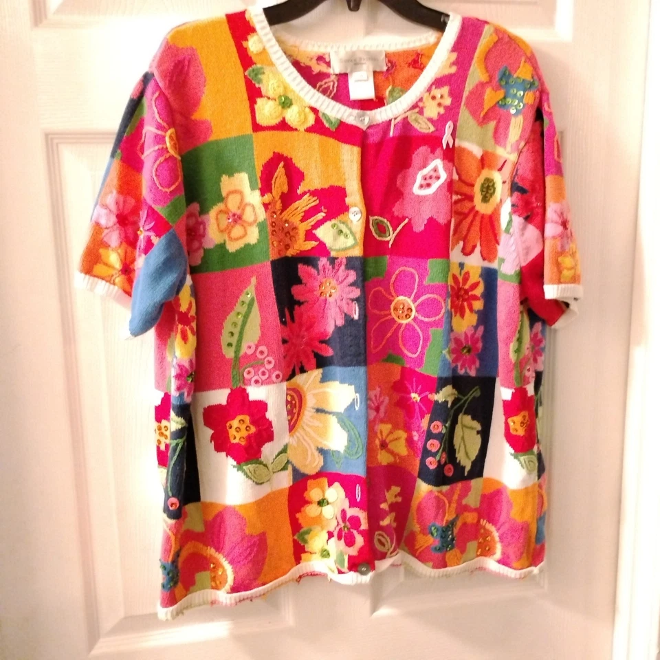 Susan Bristol Woman 2W Colorful Floral Knit Patch Embroidered Cardigan Sweater - Image 1 of 4