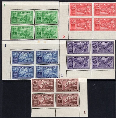 NEW ZEALAND 1936 Commerce MNH/Mint plate blocks SG 593-597 cv £26 tone spots - Image 1 of 2