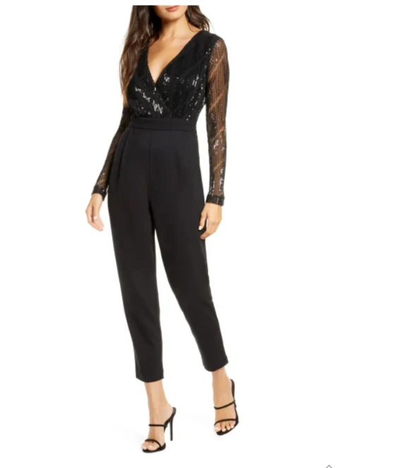 FRENCH CONNECTION Black Rubina Sequin Bodice Long Sleeve Jumpsuit 6 US S 10 UK - Image 1 of 4