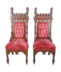 2 Victorian Gothic Revival Walnut Carved Throne Chairs Tufted Red Velour Pair - Picture 1 of 14