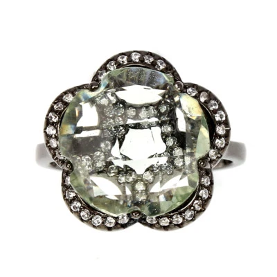 925 Anello Argento Sterling Verde Ametista Fiore Naturale Gemma Gioielli Size 6 - Immagine 1 di 4