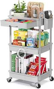 Gray 3-Tier Rolling Cart with Drawer & Lockable Wheels for Kitchen/Bathroom - Picture 1 of 6