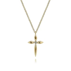 14K Yellow Gold Diamond Cross Pendant Necklace - Picture 1 of 1