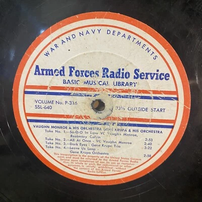 RARE 16” TRANSCRIPTION RECORD Gene Krupa Harry James Vaughan Monroe P315 SSL 639 - Image 1 of 4