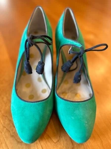 Boden Green Suede Heels 41 Navy Trim Tie Mid-heel - Picture 1 of 4