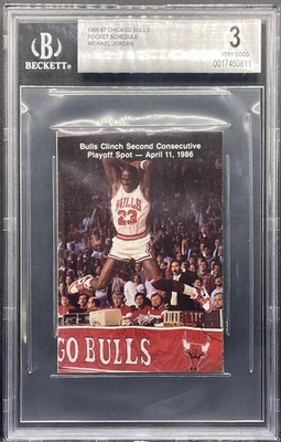 Calendario de bolsillo de los Chicago Bulls 1986-87 Michael Jordan raro Beckett calificado BGS 3 Foto 1 de 2
