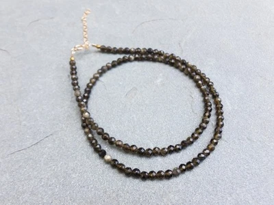 Colares unissex de contas de pedra preciosa redondas facetadas obsidiana preta dourada 2-3 mm 18"" - Imagem 1 de 4