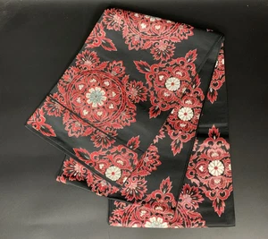 Japanese Kimono Belt Fukuro Obi Red Silver Floral Arabesque Pattern Black - Picture 1 of 9