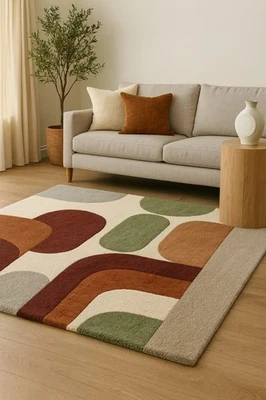 Modern geometric area rugs _ Rust green & neutral tones. - Image 1 of 4