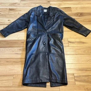 Vtg 80s John Weitz Genuine Leather Long Trench Coat Black Woman’s Size Medium - Picture 1 of 24