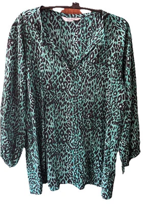 Blusa Top Tucker Mujer Seda Verde Animal Estampado Leopardo Talla S ¡Preciosa!! Foto 1 de 4