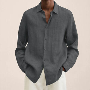 Mens Long Sleeve Cotton Linen Dress Shirt Casual Solid Button-Up Baggy Tops