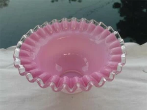 FENTON Pink & White Cased Silver Crest Ruffle Edge Bowl/Dish - Picture 1 of 8