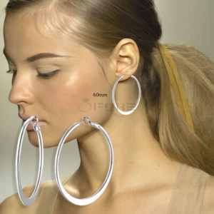 Big Hollow Hoop Earrings 60MM Big Circle Semi Flat Silver Plated Stainless Steel - Picture 1 of 7