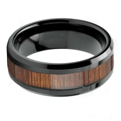 TALLA 9 Anillo de carburo de tungsteno negro para hombre de 8 mm con incrustaciones de madera roja alianza de boda joyería Foto 1 de 2
