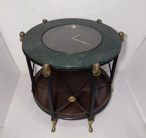 Neoclassical Style Clock Marble Top 2-Tier Round Table Brass Lion Head Feet Hoof Cover