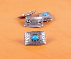 4PC 32X22MM Antique Silver Turquoise Western Flower Decor Saddle Handbag Conchos - Picture 1 of 10
