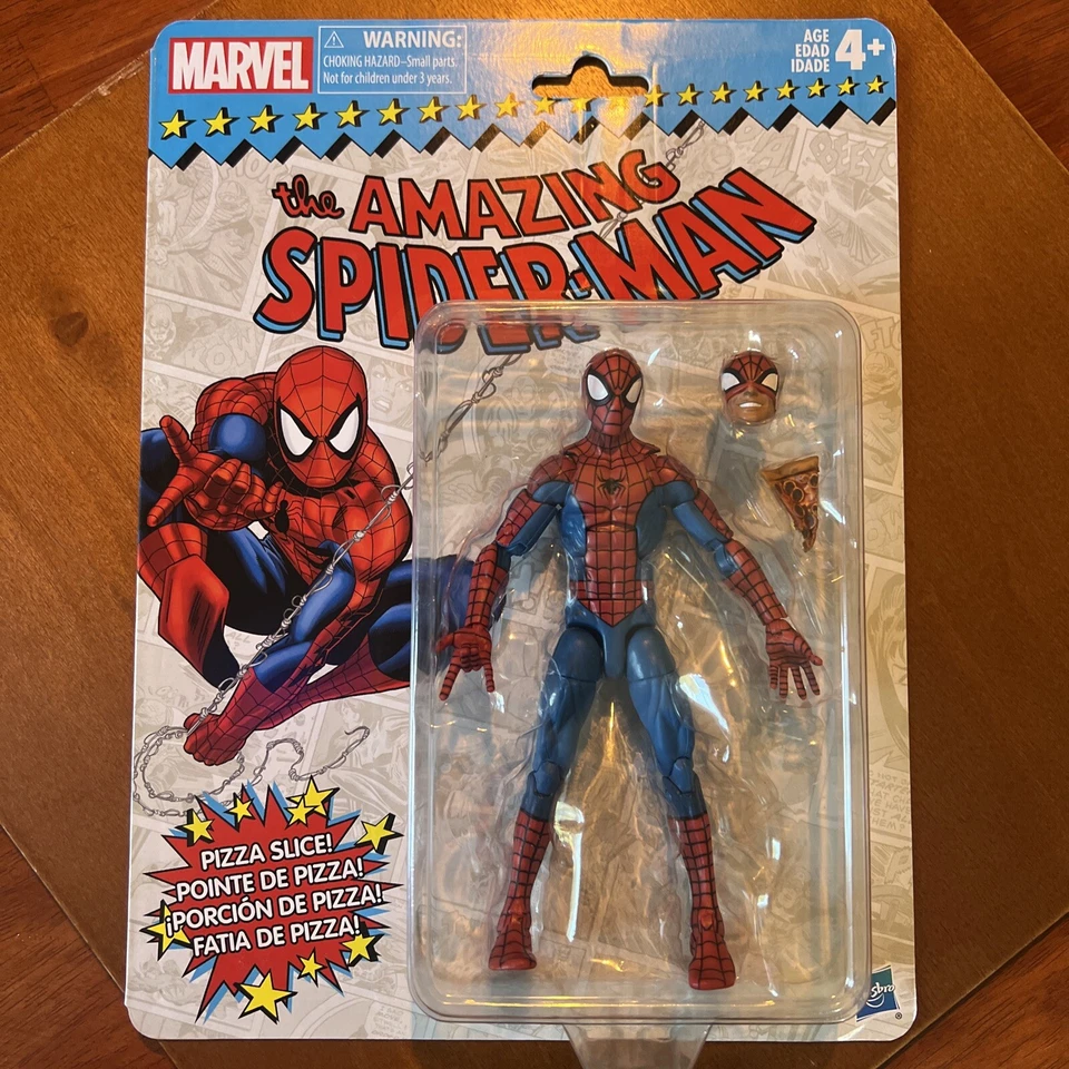 Boneco de ação retrô Marvel Legends Spider-Man com fatia de pizza novo na caixa - Imagem 1 de 4