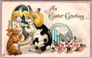 Easter Fantasy Stecher Ser 509E Bunny in Hat Looks in Mirror c1910 Postcard JD28 - Picture 1 of 2
