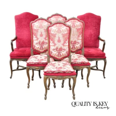 Sillas de comedor vintage italianas campestres provinciales talladas en rojo nogal - Juego de 6 Foto 1 de 4