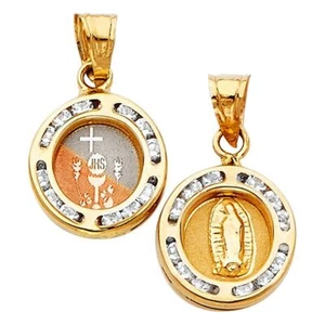 14k Tri Color Gold Reversible Charm Guadalupe Pendant Dije Oro Primera comunion - Picture 1 of 3