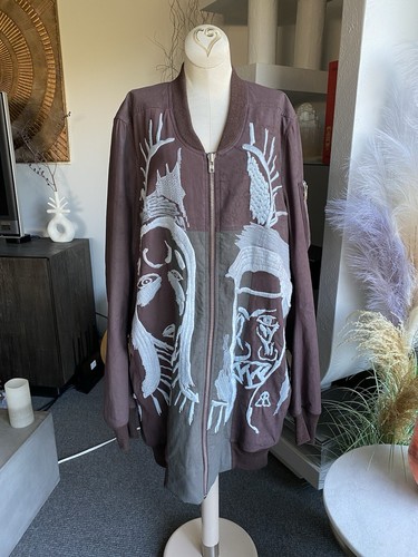 RARO Rick Owens Fauno Ricamato Nativi Americani Bomber Giacca Lunga Cappotto Unno