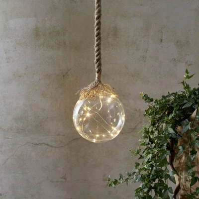 LED Glaskugel mit Juteseil 15 warmweiße LED am Draht L: 200cm, D: 15cm Indoor - Bild 1 von 4