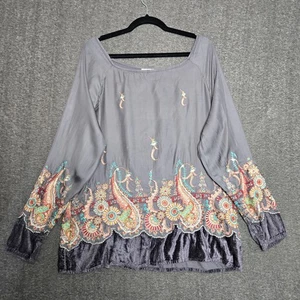 Sundance grau Langarm bestickt Cupro Samt Bluse Boho Damen Large - Bild 1 von 7