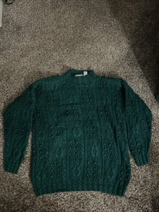 Vintage Cape Island Knitters Forest Green Cable Poms Knit Sweater Size Large - Picture 1 of 10