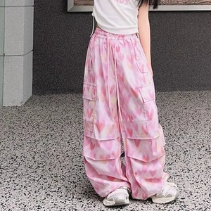 Multi Pockets Y2k Wide Leg Pants Drawstring Heart Printing Pants Girl  Dancing - Picture 1 of 13