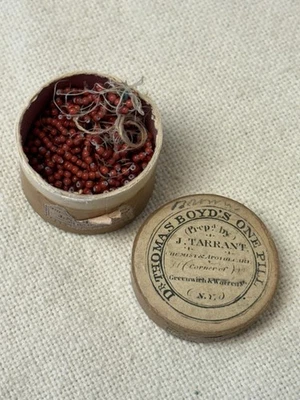 Antique J Tarrant Medicine Dr. Boyds One Pill Box with Red Coral Glass Beads Sew - Image 1 of 4