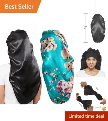 Ultimate Silk Bonnets for Women - 2 Pcs Long Hair Sleeping Caps in Black & Blue - Image 1 of 4