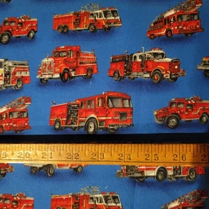 Firetruck Fabric 100% Cotton Red on Blue - Picture 1 of 3