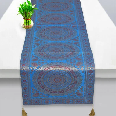 Table Runner/ Wall Tapestry, Brocade, 72 Inch, Silk,  Blue Gold, Mandala, Formal - Image 1 of 4