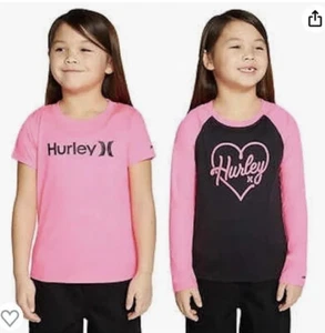 Hurley Girls Hot Pink Long & Short Sleeve Lot 2 Shirts Tops SPF50 Size M 10/12 - Picture 1 of 4