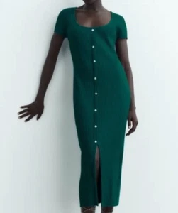Zara Women’s Ribbed Button Down MIDI Dress Size M Green - Picture 1 of 11