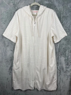 Roupão Stan Herman Terry feminino grande branco bolsos geométricos zíper completo com capuz - Imagem 1 de 4