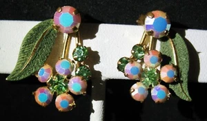 Delicate Marked Made Austria Aurora Borealis Prong-set Rhinestone Clip Earrings - Picture 1 of 9