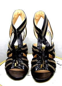 Jerome Rousseau Slingback High Heel Stiletto Black Gold Zipper Strappy 9 Fetish - Picture 1 of 11