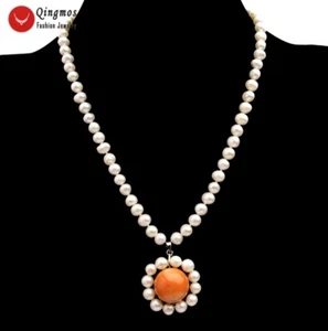 Collar colgante naranja de coral de 18 mm para mujer joyería natural 6-7 mm blanco perla - Imagen 1 de 6