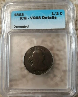 1803 VG Details Draped Bust Half Cent 1/2c ICG Graded Low mintage rare coin! - Image 1 of 2