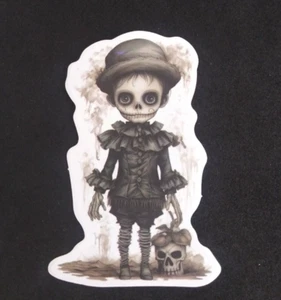 Creepy Boy With Skull Spooky Black & White Halloween Sticker 2.5" x 1.75" (AG) - Picture 1 of 2