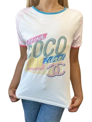 Camiseta Top CHANEL Vintage C55838 Logo CC Viva Cuba Libre #S Blanco Rosa Algodón Foto 1 de 4