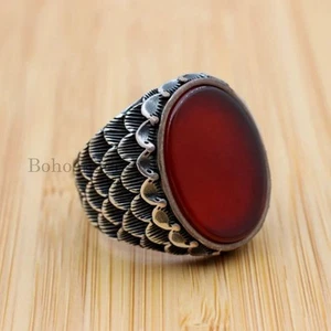Wings Design Red Onyx Mens Rings 925 Solid Silver Handmade Turkish Jewelry #426 - Picture 1 of 4