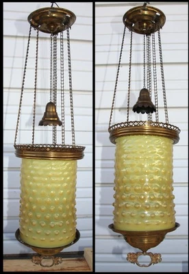 Antique Yellow Opalescent Hobnail Pull Down Light Hall Ceiling Fixture All ORIG - Image 1 of 4